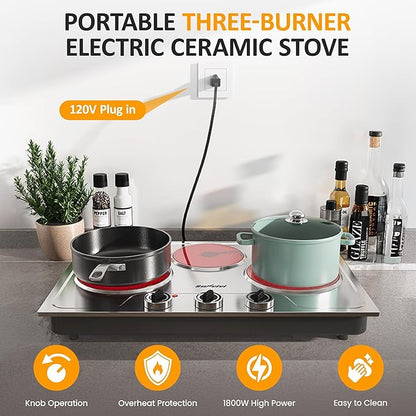 Sunvivi 1800W Triple Burner Portable Electric Ceramic Stove – Knob Control, Indicator Light, Compatible with All Cookware, Ideal for Multiple Cooking Scenarios, Silver