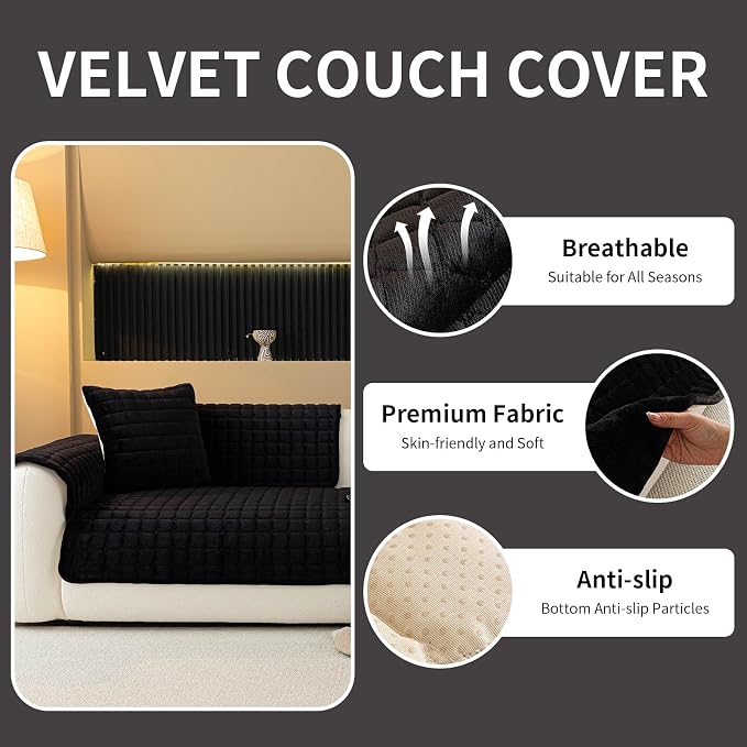 Velvet Couch Cover, Plush Sectional Sofa Cover Washable, Anti Slip Sofa Slipcover for Armrest & Backrest, Furniture Protector Covers for Pets & Kids(1PC, Black, 35.4"×35.4", Single Seater)
