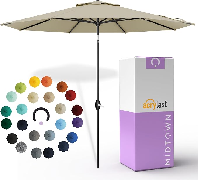 Midtown Umbrellas – The Lean 10 Ft Patio Umbrella with 10-Year-No-Fade Acrylast Acrylic Fabric, Auto-Tilt and 8 Reinforced Ribs for Deck, Pool, Garden, Hotel & Cafes – Sahara Canopy, Black Pole