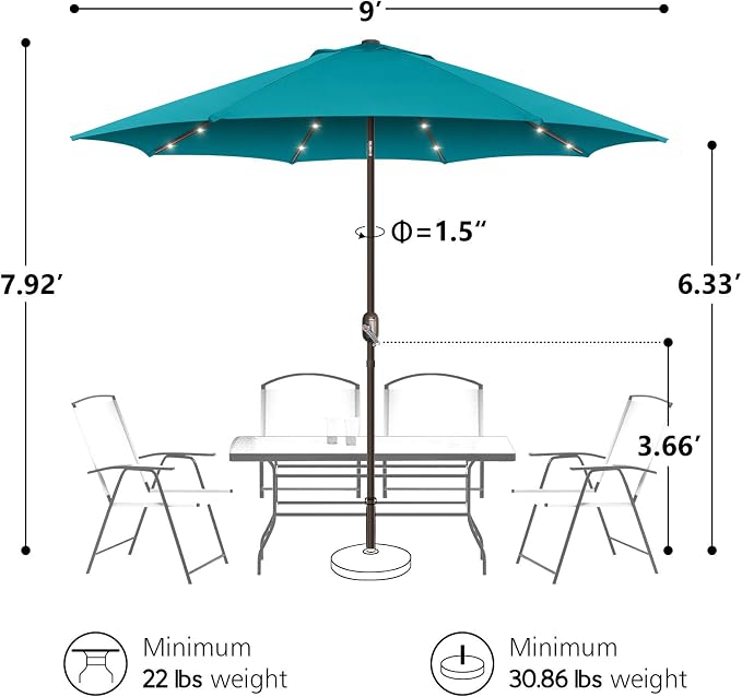 9ft Patio Umbrella with Solar Lights, Outdoor Umbrella with 24 LED Solar Umbrella Lights, Solar Patio Umbrella with Push Botton Tilt & Crank Ideal for Garden, Deck, Backyard & Pool, Teal Green