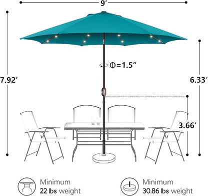 9ft Patio Umbrella with Solar Lights, Outdoor Umbrella with 24 LED Solar Umbrella Lights, Solar Patio Umbrella with Push Botton Tilt & Crank Ideal for Garden, Deck, Backyard & Pool, Teal Green