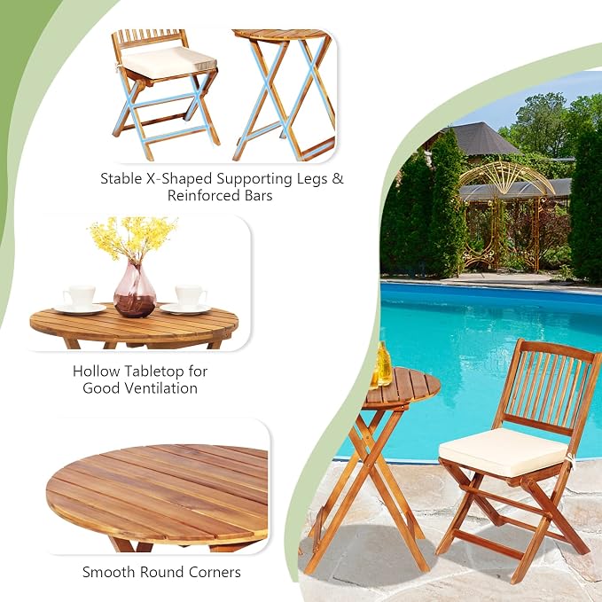 FANTASK 3 Pieces Folding Acacia Wood Bistro Set, Patio Furniture Set with Cushions & 1 Round Table, Indoor Outdoor Bistro Table and Chairs Set of 2 for Patio, Garden, Poolside, Porch, Lawn (Beige)