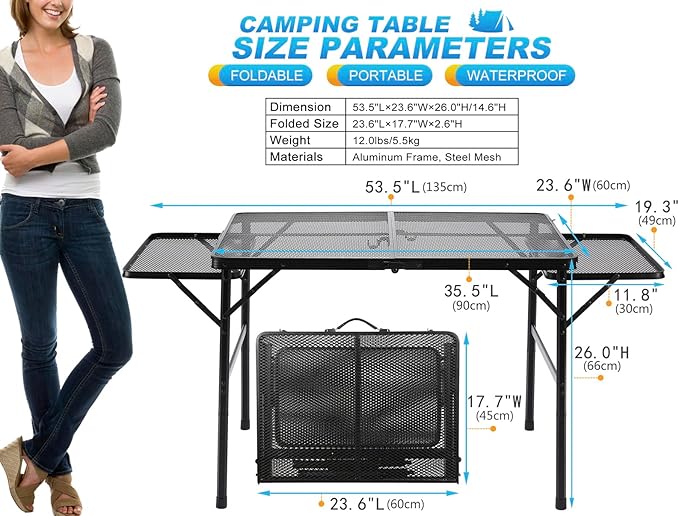 Large Folding Camping Table - Metal Mesh Grill Table with 2 Wing Panels | 2 Adjustable Heights | Large Picnic & Outdoor Table | Expandable Shelves, Lightweight (4.4 FT, Black)