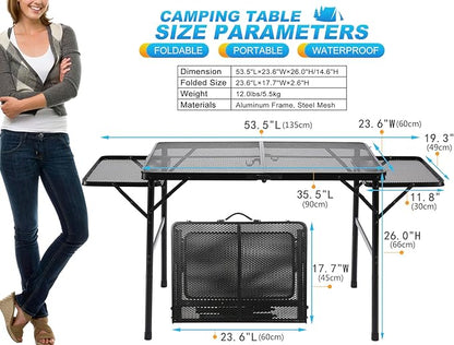 Large Folding Camping Table - Metal Mesh Grill Table with 2 Wing Panels | 2 Adjustable Heights | Large Picnic & Outdoor Table | Expandable Shelves, Lightweight (4.4 FT, Black)