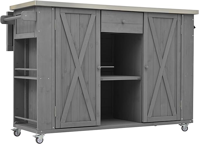 52.25" W Outdoor Grill Cart with Stainless Steel Tabletop, Patio Kitchen Island Storage Cabinet for BBQ, Bar