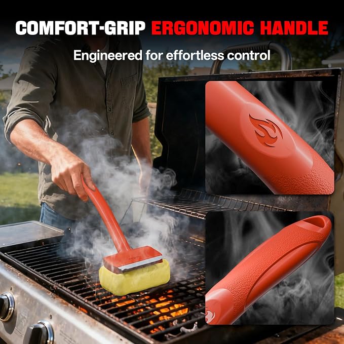 Grill Brush Bristle Free, Steam Grill Cleaning Brush with Detachable & Dishwash-Safe Brush-Head, Ergonomic Comfort Grip for Cast Iron/Stainless-Steel Grates, Safe Barbecue Grill Cleaner