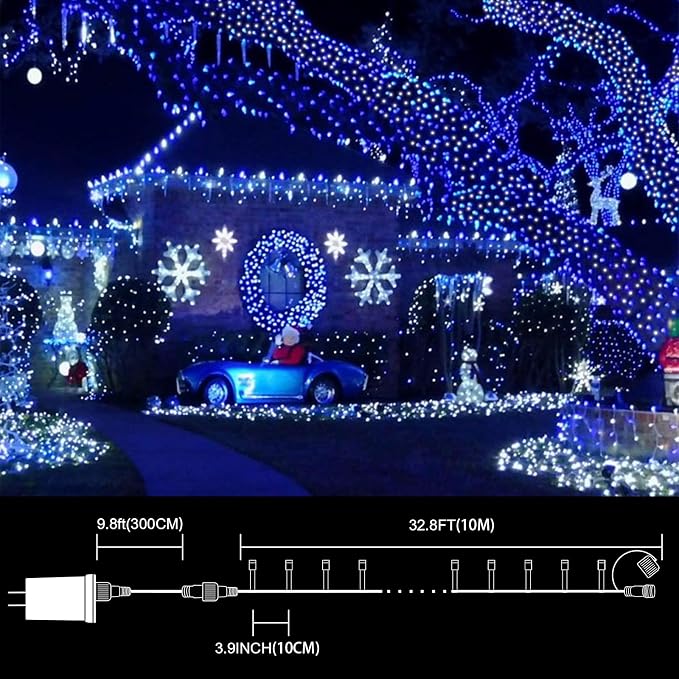 33FT 100 LED Blue White String Lights, 16 Modes Plug In Mini Fairy Lights, Waterproof Outdoor Christmas Lights for Hanukkah, July 4th Patriotic Decor, Xmas Tree Garland Bedroom Ocean Party Decoration