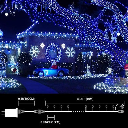 33FT 100 LED Blue White String Lights, 16 Modes Plug In Mini Fairy Lights, Waterproof Outdoor Christmas Lights for Hanukkah, July 4th Patriotic Decor, Xmas Tree Garland Bedroom Ocean Party Decoration