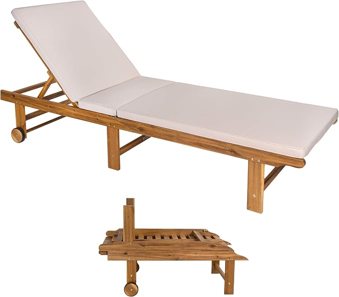 JONATHAN Y Mallorca 23.62" x 77.17" Acacia Wood Chaise Lounge, Beige | 5-Position Reclining Back, Foldable Frame, Dual Rear Wheels, Included Cushion, Teak Brown Finish, Armless Slat, Coastal Style