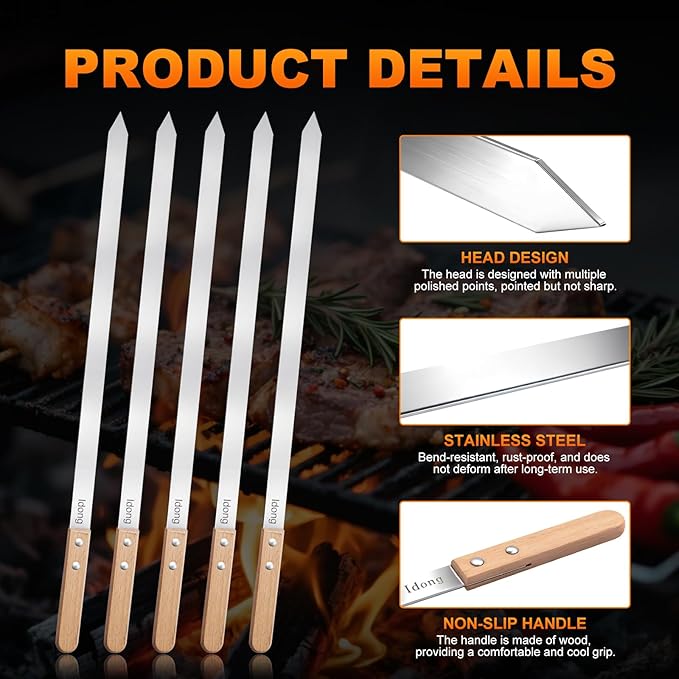 Idong 10 PCS Kabob Skewers 23.6" Flat Stainless Steel BBQ Skewers for Grilling Meat with Wood Handle and Tip Guards, Heavy Duty Reusable for Koobideh Persian Brazilian Shish Kebab (Natural wood)