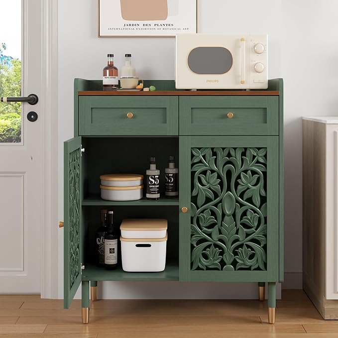 3More Sideboard Buffet Cabinet with Retro Carving Pattern Set of 2, Kitchen Pantry Storage Cabinet with 1 Drawer & 2 Doors, Coffee Bar for Living Room, Kitchen, Dining Room, Green