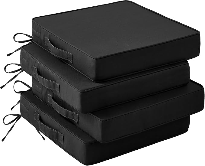 IASEAHK Patio Chair Cushions, 19" x 19" x 3" Outdoor Chair Cushions Set of 4, Waterproof Outdoor Cushions for Patio Furniture, Outdoors Seat Cushions with Handle and Ties, Black