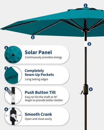 GarveeLife 10 ft Patio Umbrella with Solar Lights, 8 Ribs Outdoor Market Table Umbrella with 40 LED Lights & Tilt Crank for Pool, Deck, Backyard (Turquoise)