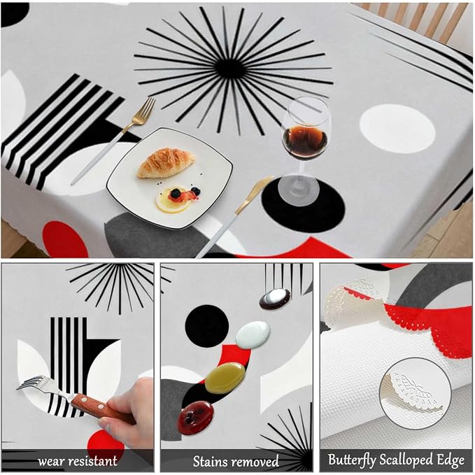 Swono 52x70 Inch Atomic Pattern Tablecloth Mid Century Atomic Geometric Farmhouse Dining Table Cloth Anti-Stain Talking Table Cover for Kitchen Dinning Room Coffee Store Red Grey
