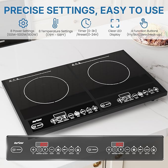 Commercial Double Burner Electric Induction Cooktop, 1000W+800W Dual Induction Hot Plate, 8 Power & 8 Temp Setting, Professional Countertop Burner Stove with Timer, LED Screen, Black