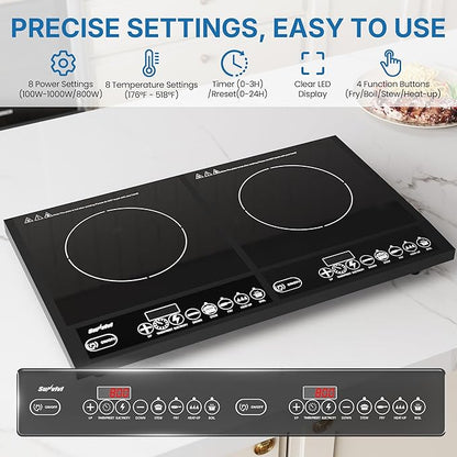 Commercial Double Burner Electric Induction Cooktop, 1000W+800W Dual Induction Hot Plate, 8 Power & 8 Temp Setting, Professional Countertop Burner Stove with Timer, LED Screen, Black