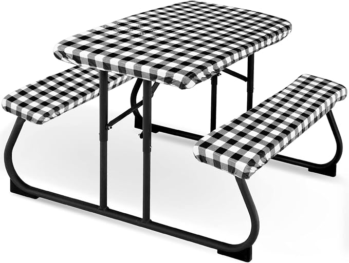 Moukeren 3 Pieces Picnic Table Cover for Kids with Bench Covers Fitted Tablecloth for Outdoors Vinyl Waterproof Cloth for Camping Home Goods Indoor Outdoor Patio BBQ(Black, White)