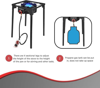 Vivicreate 30000 BTU Propane Gas Stove Outdoor Single Burner Adjustable Height with 20PSI Regulator Heavy Duty Cooker for Patio Camping Garden BBQ Fogon de Gas Estufa de Gas Portatil Parrillas