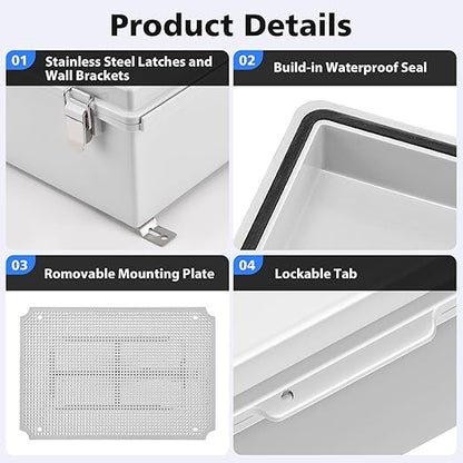 RTHIEAI Waterproof Outdoor IP67 Junction Box (5.9"x3.9"x2.8") with Mounting Plate, Hinged Clear Cover and Wall Brackets - Weatherproof ABS Plastic Electrical Enclosure for DIY Projects (150x100x70mm)