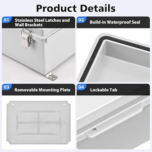 RTHIEAI Waterproof Outdoor IP67 Junction Box (8.7"x6.7"x4.3") with Mounting Plate, Hinged Grey Cover and Wall Brackets - Weatherproof ABS Plastic Electrical Enclosure for DIY Projects (220x170x110mm)