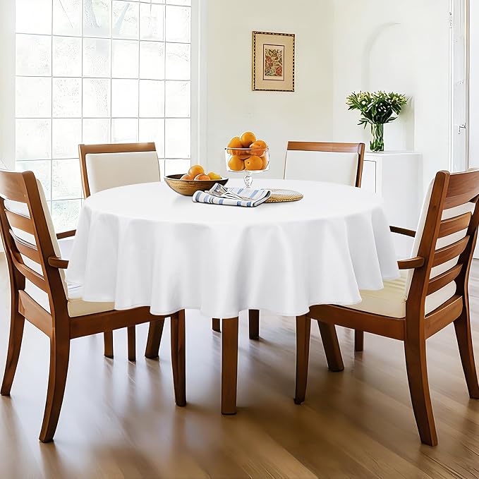 DWCN Round Tablecloth 90 Inch - Waterproof & Stain Resistant Spillproof Washable Polyester Fabric for Dining Room Kitchen, Dining, Party, Weddings and Restaurants, White