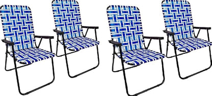 Lawn Chair Folding Steel Webbing Chaise Patio Lounger Seat Wood Handles Great for Camping, Beach, Fishing, Backyard, Stadium, Pool, Boating, and Sports 4 Pack Blue