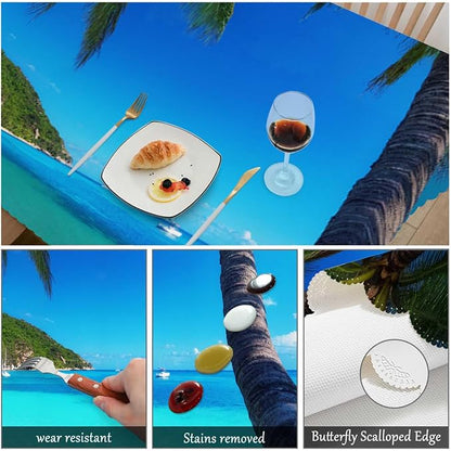 Swono 52x70 Inch Ocean Palm Tablecloth Tropical Island Beach Sea Palm Trees Farmhouse Dining Table Cloth Anti-Stain Talking Table Cover for Kitchen Dinning Room Coffee Store
