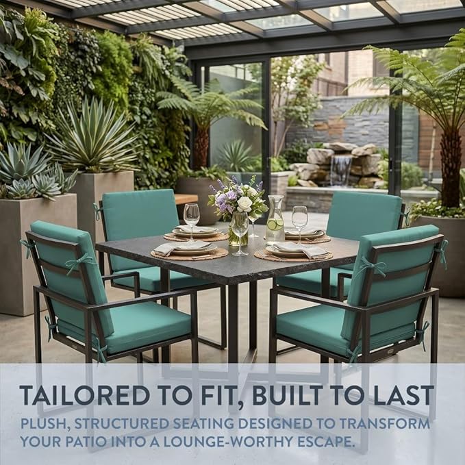 California Umbrella Outdoor Dining Chair, Set of 4 Patio Seat Cushions, 20 x 40 Inch, Premium Outdoor Memory Foam, Fade Resistant, Sunbrella Fabric, Fabric Ties, Aruba