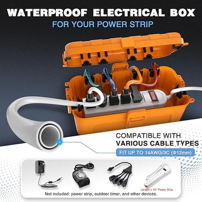 Flemoon Medium Outdoor Electrical Box (11.5x5.2x4 inch), IP54 Waterproof Extension Cord Cover w/6 Cable Entry Ports, Weatherproof Connection Box for Power Strip, Timer, Holiday Lights, Orange