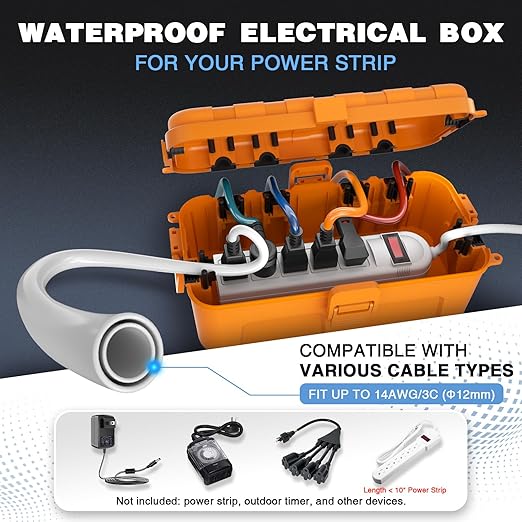 Flemoon Medium Outdoor Electrical Box (11.5x5.2x4 inch), IP54 Waterproof Extension Cord Cover w/6 Cable Entry Ports, Weatherproof Connection Box for Power Strip, Timer, Holiday Lights, Orange