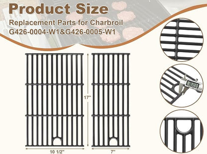 BBQ-PLUS Grill Replacement for Charbroil Performance 2-Burner 463630021 463654022 463655621 463660421, 17" Cast Iron Cooking Grates, Stainless Steel Heat Plates, Burner Tubes & Igniters Parts Kit