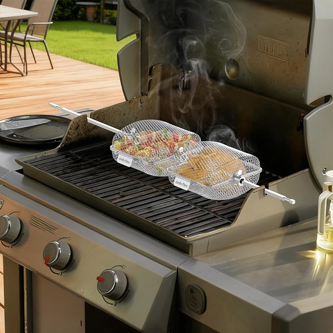 onlyfire Stainless Steel Rotisserie Basket Kit for Any Gas Grill, Cooking Various Foods at the Same Time, Set of 2