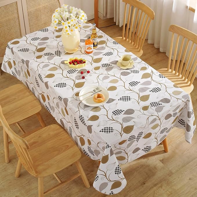 SASTYBALE Vinyl Tablecloth with Flannel Backing Rectangle 60 x 84 Inch | Floral Leaves Waterproof & Oil Proof Heavy Plastic Tables Cloths, PVC Table Cover for Dining, Party, Picnic, Outdoor