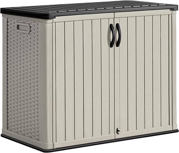 Greesum Outdoor Storage Cabinet 26 CuFt, Resin Large Storage Box Weather Resistance with Lockable Doors, Easy to Assemble, Horizontal Storage Shed for Garden, Backyard, Patio, Beige (Without Shelf)