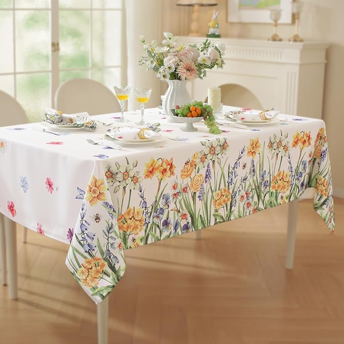 SASTYBALE Spring Summer Floral Tablecloth 60 x 120 Inch Rectangular, Wildflowers & Butterfly Pattern, Washable Wrinkle-Resistant Table Cover for Party, Picnic, Dinner & Home Decor