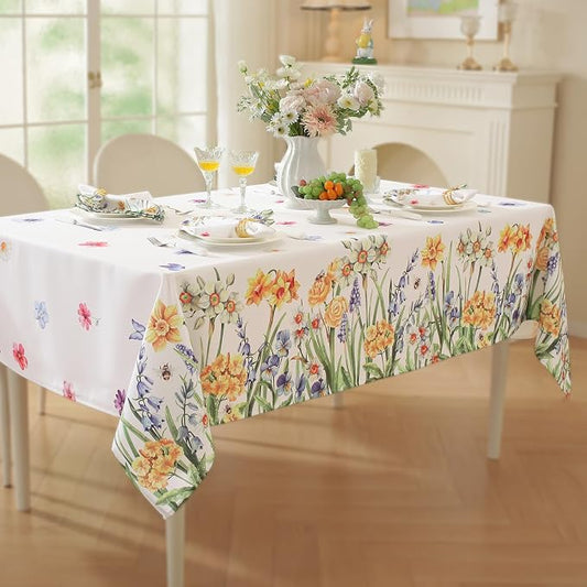 SASTYBALE Spring Summer Floral Tablecloth 52 x 70 Inch Rectangular, Wildflowers & Butterfly Pattern, Washable Wrinkle-Resistant Table Cover for Party, Picnic, Dinner & Home Decor