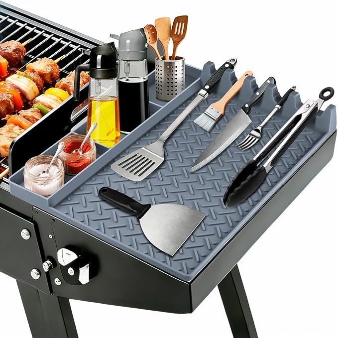 Silicone Griddle Tools Mat for Blackstone, Silicone Grill Mat with Drip Pad, Side Shelf Mats Grill Pad Spatula Mats for Outdoor Grill Kitchen Countertop, BBQ Accessories Gifts for Men (Gray)
