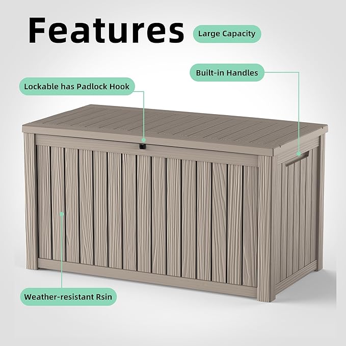PatioZen 200 Gallon Deck Box, Outdoor Storage Box, Outdoor Storage Box for Cushions, Garden Tools, Furniture Storage,Waterproof, Lockable and Resin,Grey