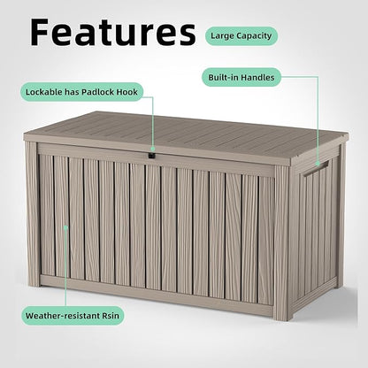 PatioZen 200 Gallon Deck Box, Outdoor Storage Box, Outdoor Storage Box for Cushions, Garden Tools, Furniture Storage,Waterproof, Lockable and Resin,Grey