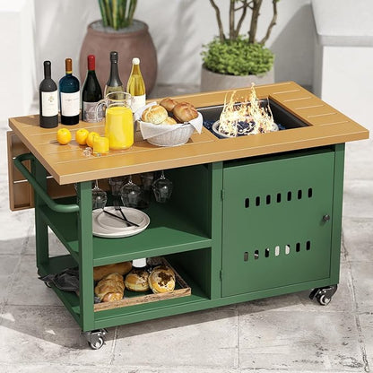 Outdoor Propane Fire Pit Table 44" with Lid & Wheels, Multifunctional Patio Fire Table with Storage Shelf, Steel Gas Firepit Dining Table for Backyard, Garden, Deck, Green