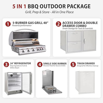 BLAZE BBQ Outdoor Package of 40” LTE Built-in Gas Grill, Gas Dop-In Single Side Burner, 32” Door & Two Drawers Combo, 18” Roll Out Propane Tank/Trash Storage Drawer, 24” Refrigerator and Accessories