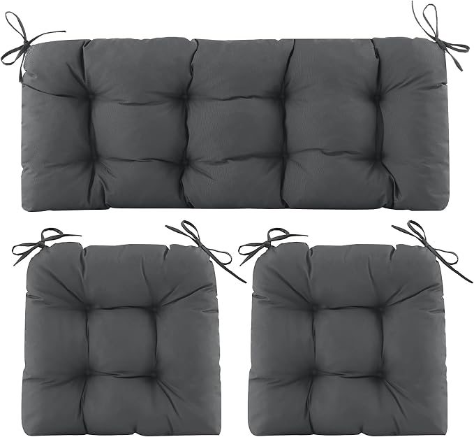 Wicker Chair Cushions of 3 Pieces, Waterproof Cushions for Patio Furniture, Tufted Wicker Outdoor Furniture Cushions, 1 Patio Loveseat Cushion and 2 U-Shaped Cushions, 44"x19"x5", Dark Grey