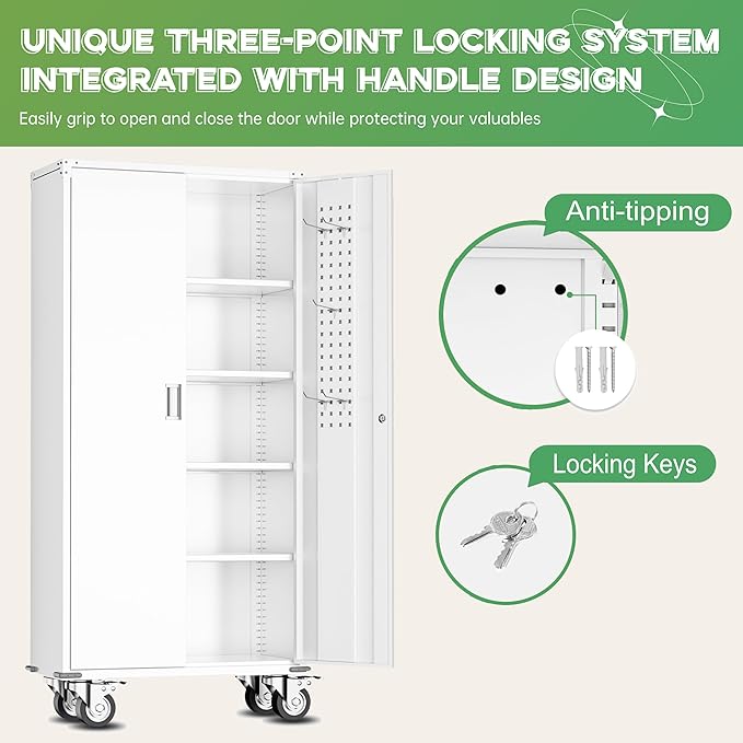 INTERGREAT Rolling Metal Cabinet with Wheels,72" Locking Storage Cabinet with Adjustable Shelves,Large Capacity Pulley Cabinets for Home Office,School,Garage(White)