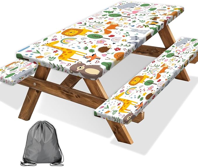 Picnic Table Cover with Bench Covers, Camping Essentials, Jungle Animal Cute Waterproof Windproof Camping Tablecloth, Fitted Tablecloth Cover with Elastic Edge for Indoor Outdoor 30x96 Inch