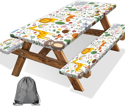 Picnic Table Cover with Bench Covers, Camping Essentials, Jungle Animal Cute Waterproof Windproof Camping Tablecloth, Fitted Tablecloth Cover with Elastic Edge for Indoor Outdoor 30x72 Inch