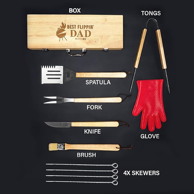 11-Piece BBQ Grilling Set with Engraved Maple Wood Box, Premium Stainless Steel Barbecue Tools with Wooden Handles for Dad – Best Flipping Dad Idea