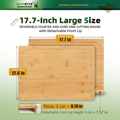BAMOTTO CRAFTBAMBOO Bamboo Cutting Board for Kitchen 17.7"x12.6", Reversible with Dual Juice Grooves, Detachable Front Lip for Counter & Over-Sink, Large Chopping Board for Bread Meat Vegetables