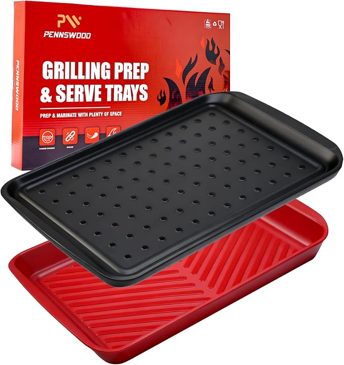 Grill Prep Trays Set of 2, Grill Tray for BBQ Meat Prep, Marinating & Serving, Large Melamine Grilling Prep and Serve Trays with Deep Raised Edges, Outdoor Grill Serving Tray, BPA Free
