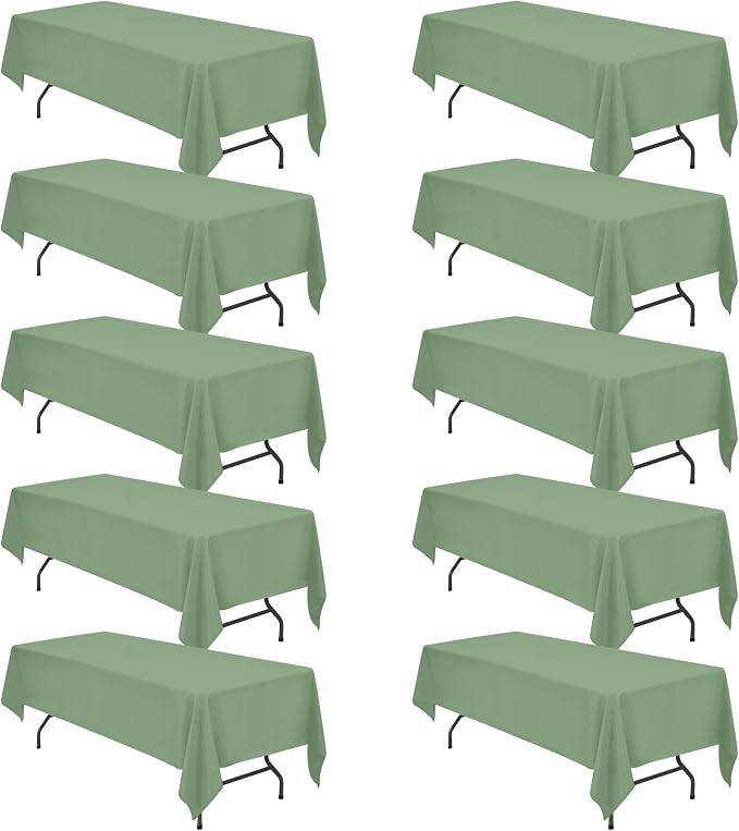 BRILLMAX 10 Pack Sage Green Tablecloths 60x126 Inch for 8ft Rectangle Table | 150 GSM Polyester Fabric, 15" Standard Drop, Water, Stain & Wrinkle Resistant Cloth Cover for Wedding Reception Banquet Party