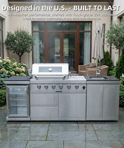Outdoor Kitchen Island Barbecue Grill with Refrigerator & Rotisserie, Heavy-Duty Stainless Steel Freestanding Grills Station, Weather-Resistant Cooking Cabinet for Backyard & Summer Propane Gas
